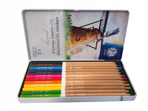 Kredki ołówkowe okrągłe w metalowym pudełku 12 kolorów ASTRA PRESTIGE