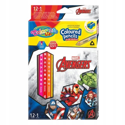 Kredki ołówkowe trójkątne 12 +1 kolorów złota srebrna Avengers