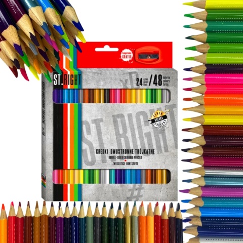 Kredki ołówkowe trójkątne dwustronne 48 kolorów temperówka ST Right