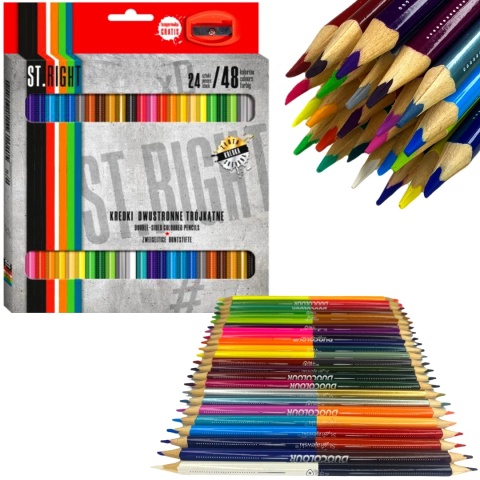 Kredki ołówkowe trójkątne dwustronne 48 kolorów temperówka ST Right