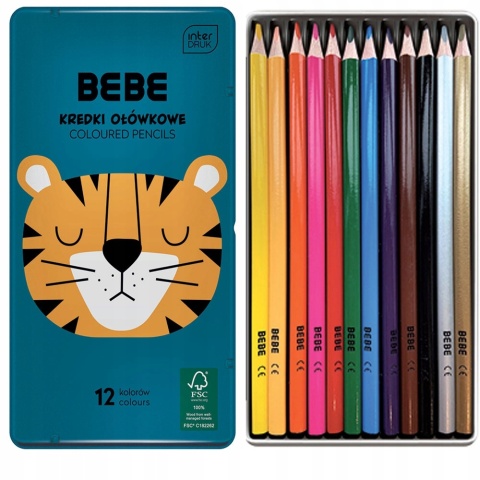 Kredki ołówkowe trójkątne w metalowym pudełku 12 kolorów TYGRYS
