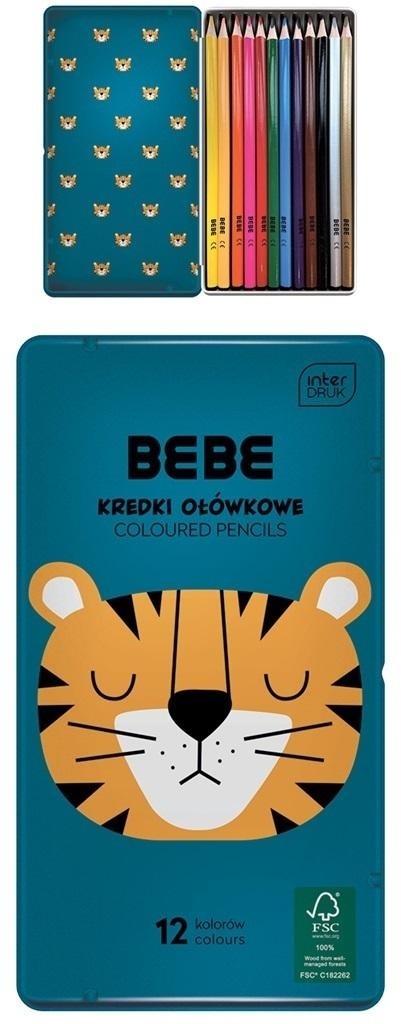 Kredki ołówkowe trójkątne w metalowym pudełku 12 kolorów TYGRYS