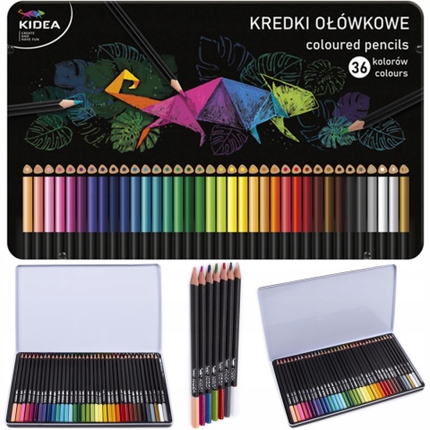 Kredki ołówkowe trójkątne w metalowym pudełku 36 kolorów KIDEA