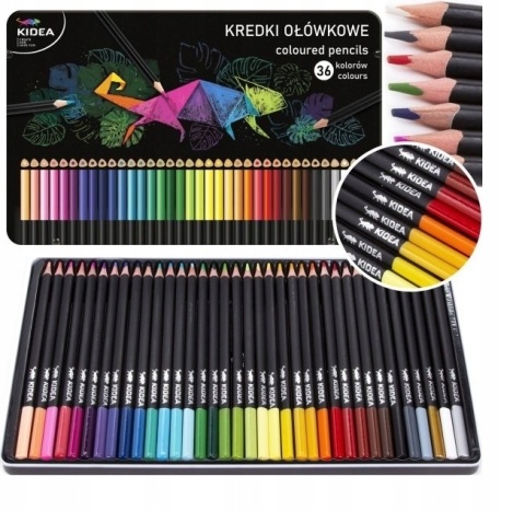 Kredki ołówkowe trójkątne w metalowym pudełku 36 kolorów KIDEA