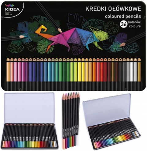 Kredki ołówkowe trójkątne w metalowym pudełku 36 kolorów KIDEA