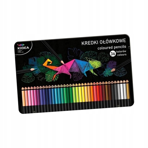 Kredki ołówkowe trójkątne w metalowym pudełku 36 kolorów KIDEA
