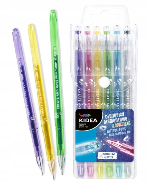 Długopisy żelowe diamentowe z brokatem KIDEA 6 szt