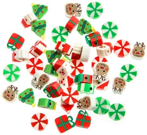 Koraliki polimerowe do biżuterii bransoletek motywy świąteczne choinki, reniferki,prezenty, cukierki, 1 cm, 48 szt
