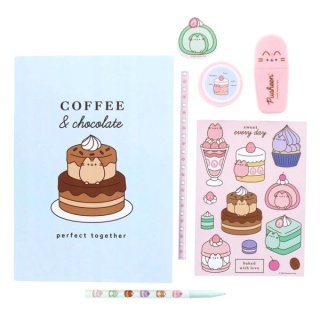 Zestaw linijka ołówek długopis mazak notes saszetka gumka PUSHEEN