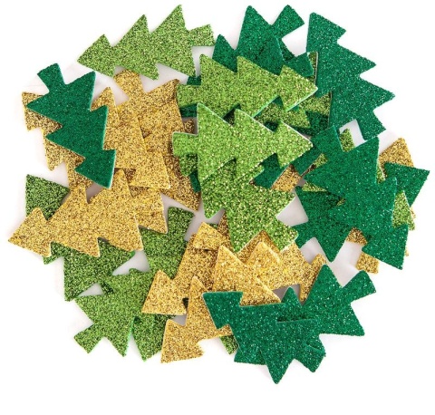 Brokatowe naklejki z pianki w kształcie choinek zielone i złote, 30 szt.