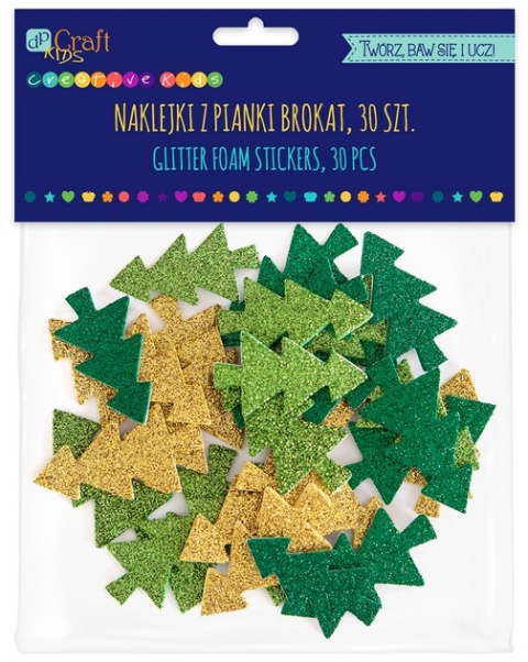 Brokatowe naklejki z pianki w kształcie choinek zielone i złote, 30 szt.