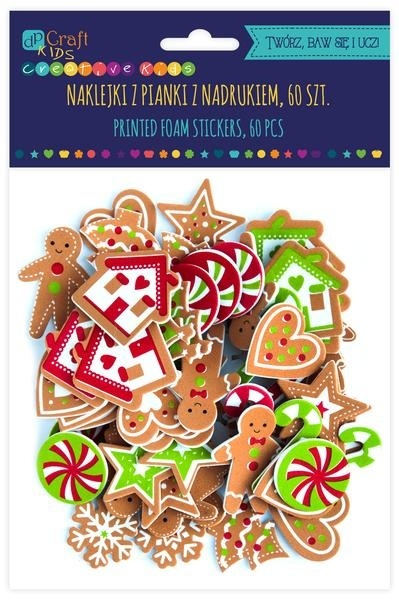 Naklejki z pianki z nadrukiem - pierniczki i cukierki świąteczne, 60 szt.