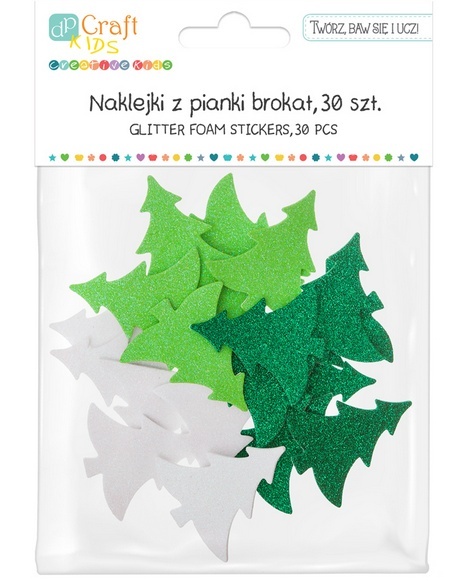 Brokatowe naklejki z pianki w kształcie choinek zielone i białe 30 szt