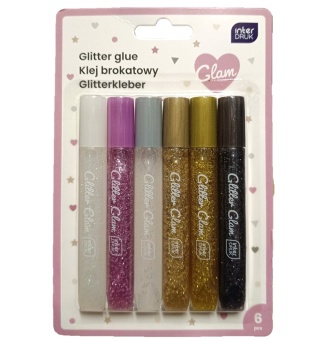 Brokatowy klej zestaw artystyczny Interdruk brokat 6 kolorów x10,5ml glam złoty czarny perłowy