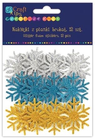 Naklejki z pianki brokatowe białe złote i niebieskie, 12 szt. - śnieżynki