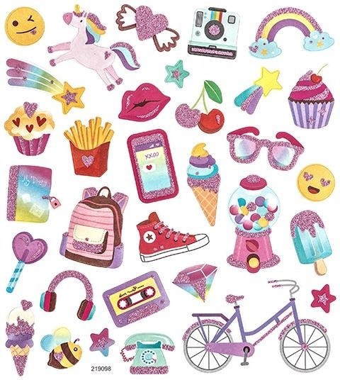 Naklejki z różowym brokatem Stylówki marzeń rower usta plecak telefon 32szt