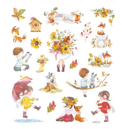 Naklejki z brokatem jesienne kwiaty i liście, dzieci w kaloszach z parasolem 19 szt