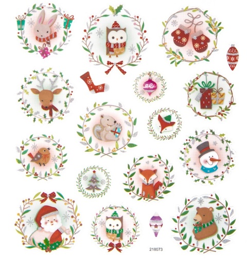 Naklejki z brokatem - świateczne wianuszki z zimowymi zwierętami w czapkach, 18 szt.