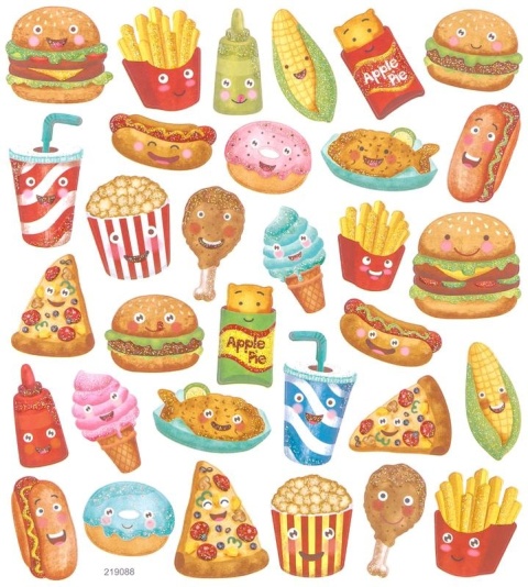 Naklejki z brokatem - przekąski popcorn, hamburgery, kukurydza fast food 32 szt
