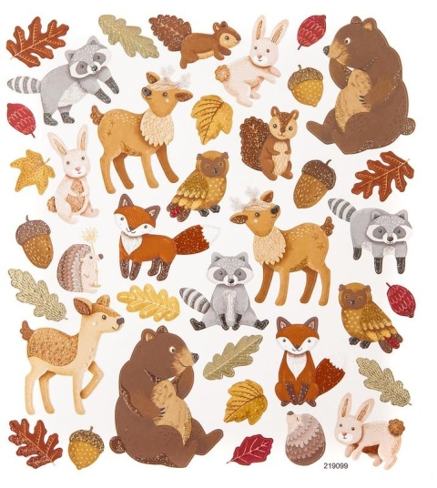Naklejki z brokatem - leśne zwierzaki, jesienne liście, lis, szop, zając, sowa 38 szt.