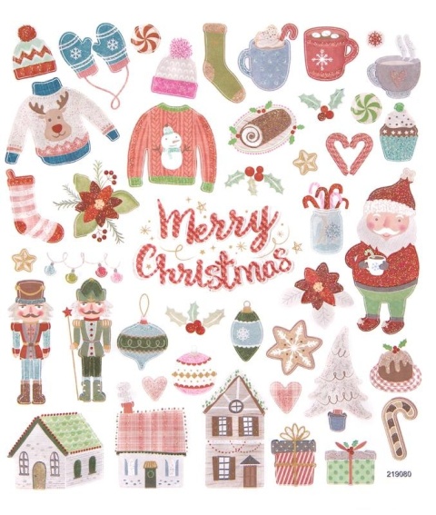 Naklejki z brokatem - przytulne Święta, zima , czapki, sweterki, kubeczek 43 szt.
