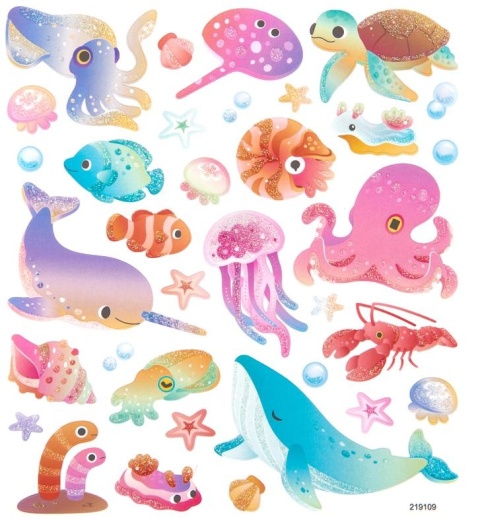 Naklejki z brokatem - zwierzęta morskie, ryby, rozgwiazdy,ośmiornica 34 szt.