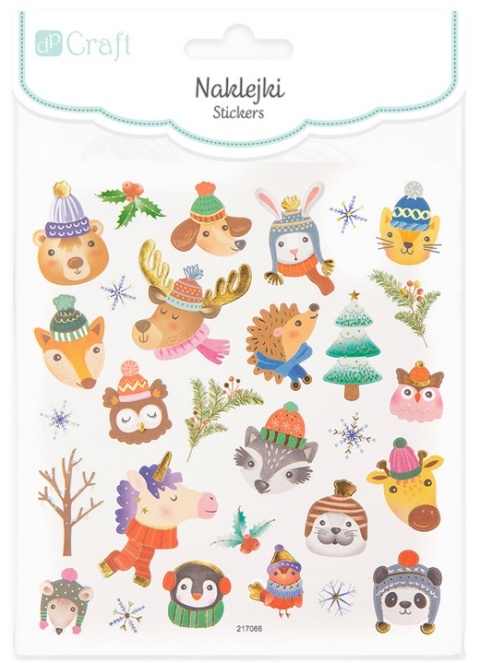 Naklejki świąteczne zwierzaki w czapkach, zima 29 szt.