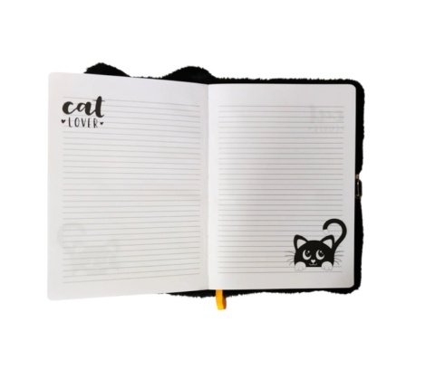 Notatnik pamiętnik sekretny pluszowy kudłacz z kłódką czarny kotek kot A5