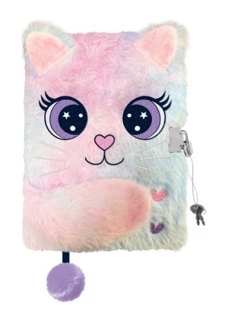 Notatnik pamiętnik sekretny pluszowy kudłacz z kłódką tęczowy kot A5