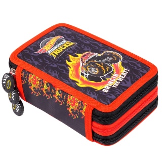 Piórnik szkolny dla chłopca trzykomorowy z wyposażeniem Hot Wheels Moster Trucks