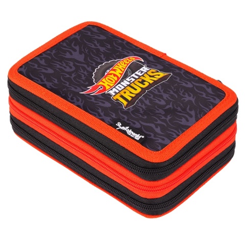 Piórnik szkolny dla chłopca trzykomorowy z wyposażeniem Hot Wheels Moster Trucks
