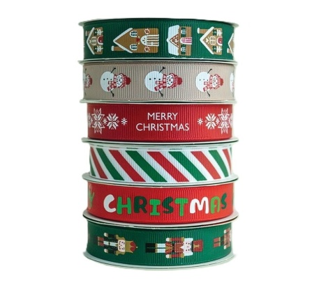 Tasiemka rypsowa Christmas 1,5 cmx3m zestaw 6 szt świateczne bałwanki domki z piernika dziadek do orzechów