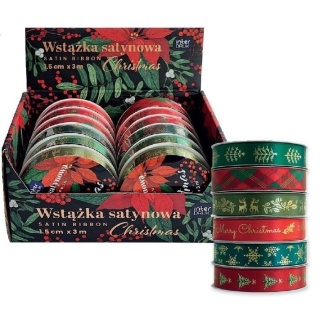 Tasiemka satynowa Christmas 1,5 cmx3m zestaw 6 szt świateczne śnieżynki choinki