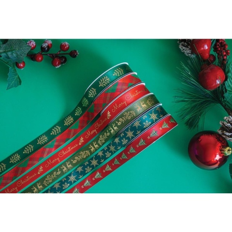 Tasiemka satynowa Christmas 1,5 cmx3m zestaw 6 szt świateczne śnieżynki choinki