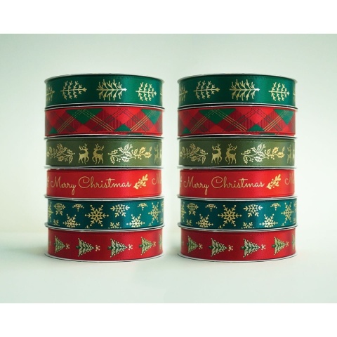 Tasiemka satynowa Christmas 1,5 cmx3m zestaw 6 szt świateczne śnieżynki choinki