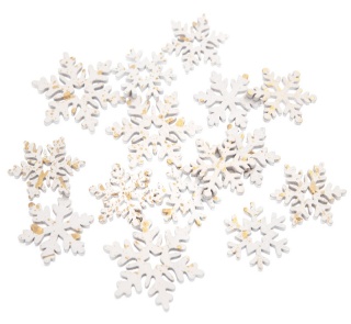 Drewniane śnieżynki, dekoracje scrabki 15 szt., białe, złocone