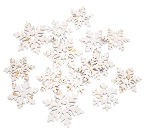 Drewniane śnieżynki, dekoracje scrabki 15 szt., białe, złocone