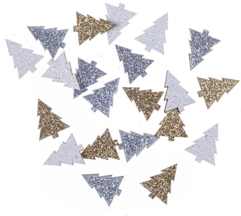 Drewniane brokatowe choinki - dwustronne 1,5 x 2 cm, 21 szt. złoty, srebrny, biały