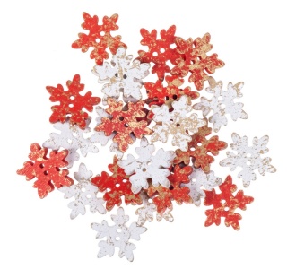 Drewniane guziki śnieżynki 2,5 cm, 24 szt., czerwone i białe złocone