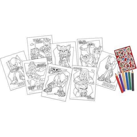 Kolorowanka z naklejkami wielokrotnego użytku + mini kredki jeż SONIC
