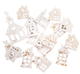 Drewniane płaskie domki do świątecznych dekoracji, 17 szt., białe, złocone