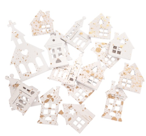 Drewniane płaskie domki do świątecznych dekoracji, 17 szt., białe, złocone