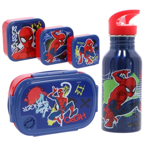 Zestaw 5 el bidon na wodę + śniadaniówka + pudełka na przekąski SPIDERMAN w pudełku prezentowym