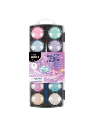 Farby akwarelowe wodne 12 kolorów metalicze z pędzelkiem KIDEA