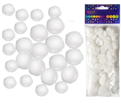 Pompony akrylowe białe 2,5 + 3,5 + 4 cm 24 szt., Dp Craft