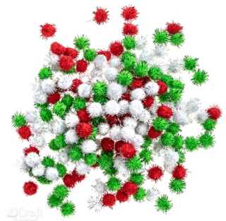 Pompomy poliestrowe metalizowane 1,5 cm biały, czerwony, zielony op. 200 szt., Dp Craft