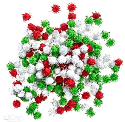 Pompomy poliestrowe metalizowane 1,5 cm biały, czerwony, zielony op. 200 szt., Dp Craft