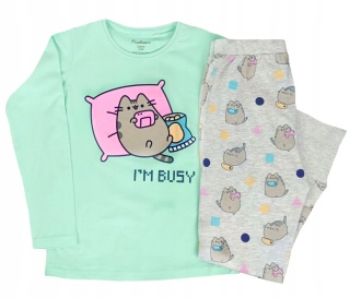 Piżama dziecięca PUSHEEN kot bawełna długi rękaw dziewczęca miętowy 146/152