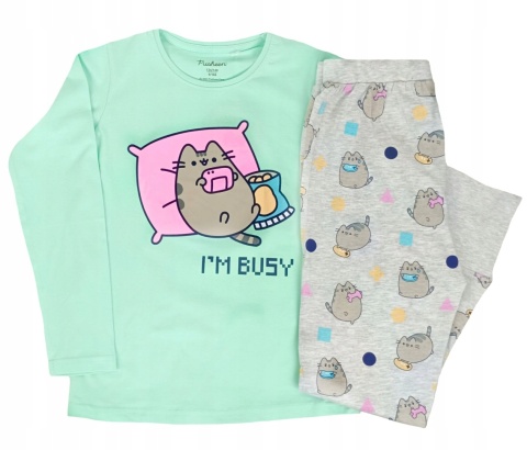Piżama dziecięca PUSHEEN kot bawełna długi rękaw dziewczęca miętowy 146/152