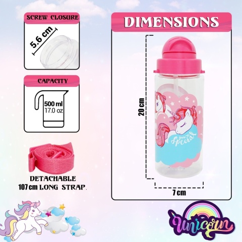 Bidon butelka na wodę ze słomką i paskiem Tritan Jednorożce Unicorn